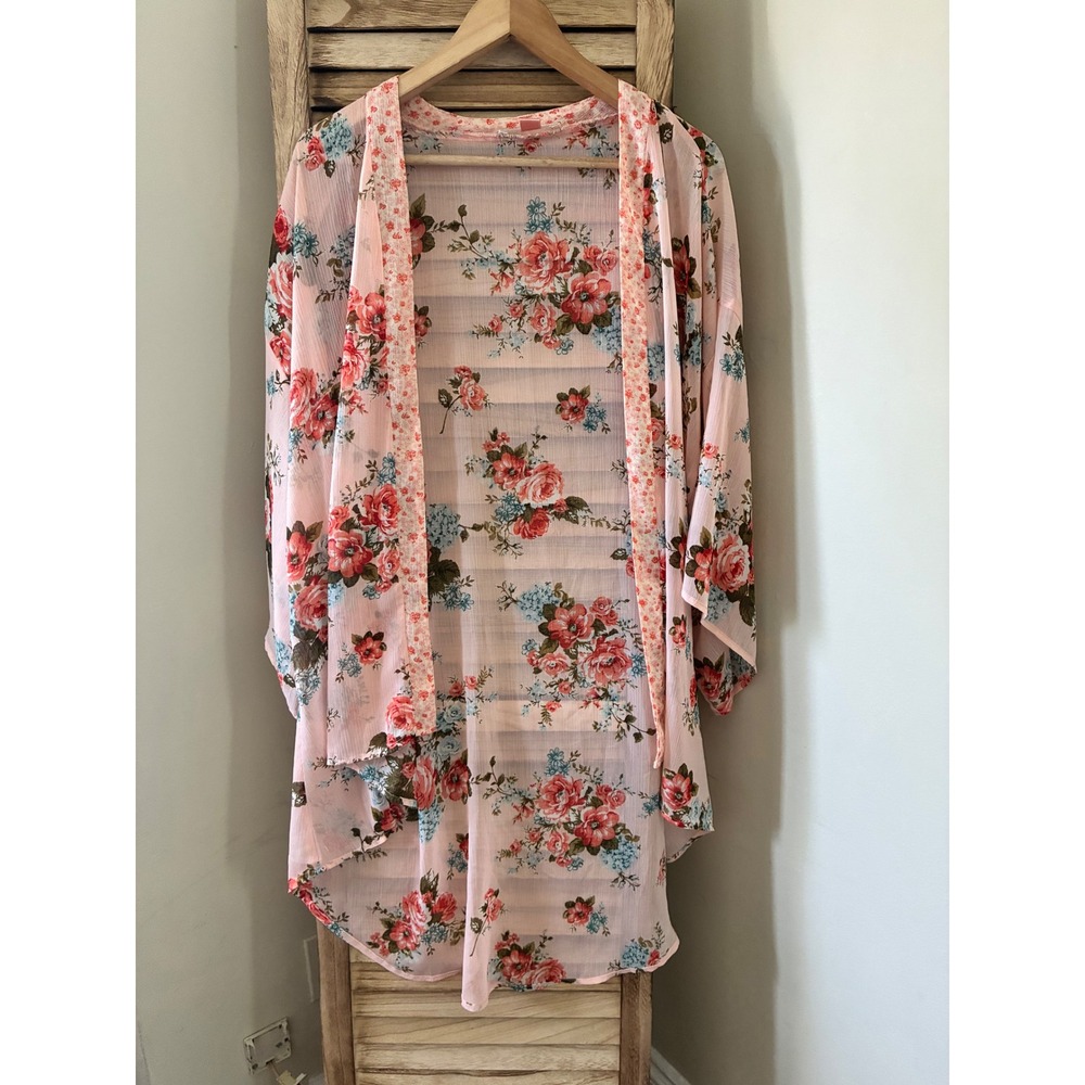 B.O.G Collective Pink Floral Kimono Wrap Chiffon Open Front Cardigan XS S